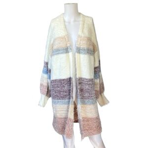 Oliver O Long Cardigan Sweater Fuzzy Knit Striped Open Front Womens Size XL